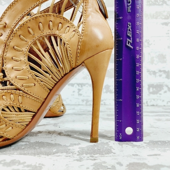 Alaia Lace-Up Peep Toe Booties Camel Leather High Heel Ankle Boots M873 - Picture 9 of 15